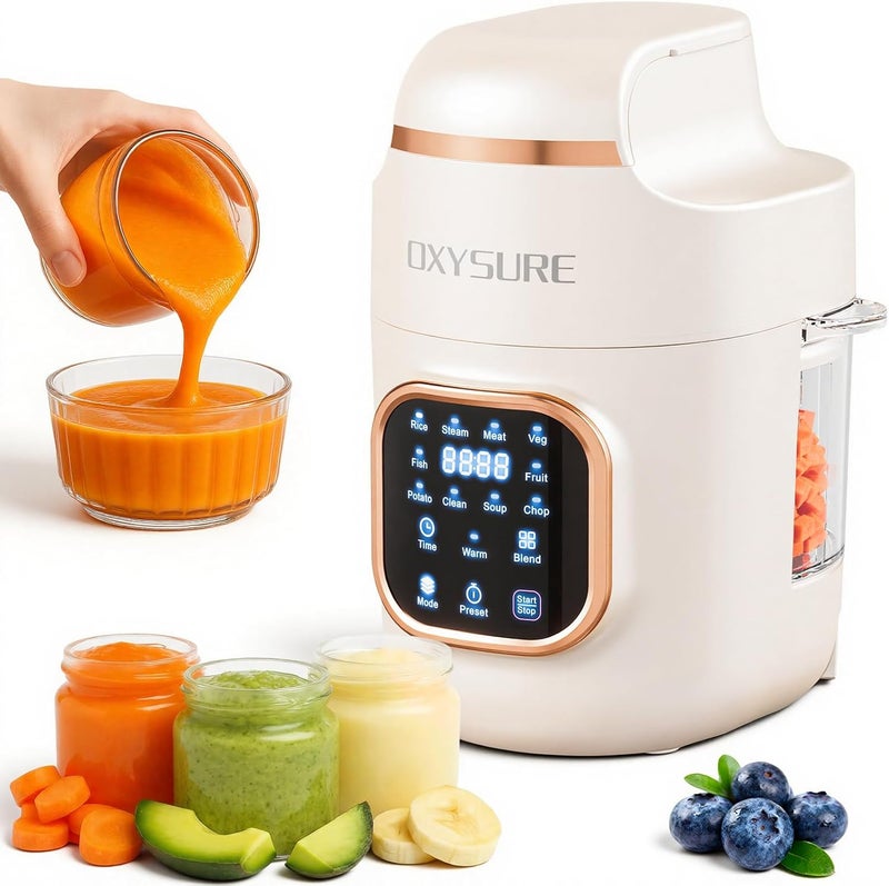 OXYSURE صانع طعام الأطفال 10 في 1، مطاحن طعام الأطفال الزجاجية، خلاط طعام الأطفال لهرس الطعام، الفواكه، اللحوم، الخضار، سهل التنظيف، تحكم باللمس، طهي في المنزل 10 أونصات (أبيض) - Image 1